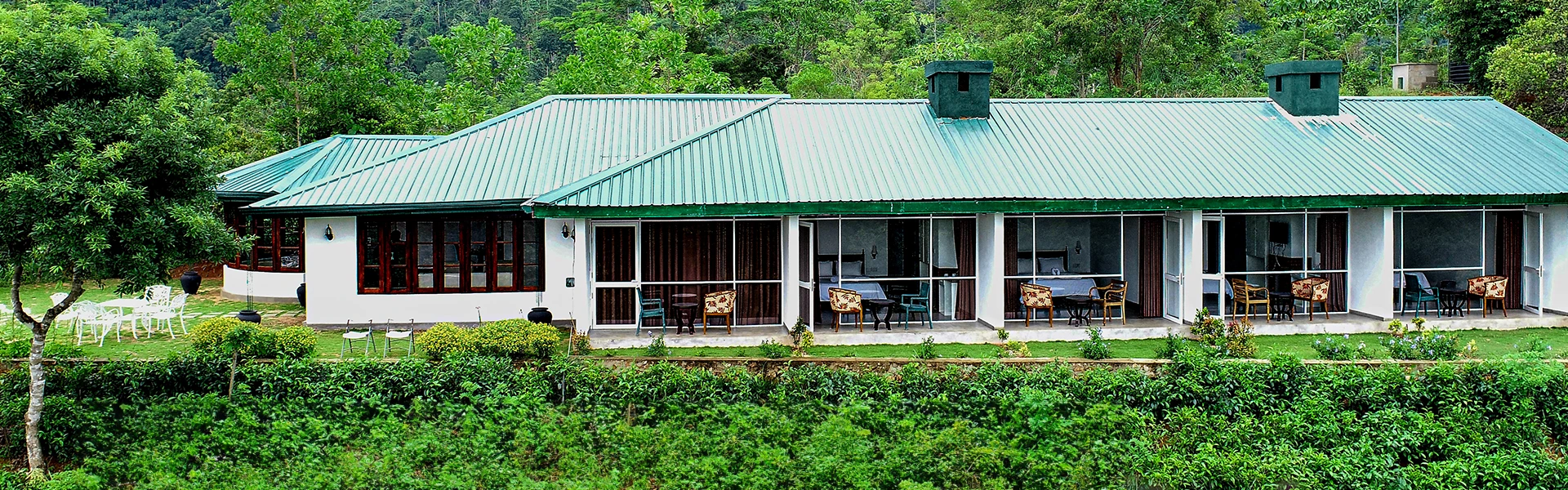 A house with a green roof and green grass in front of it